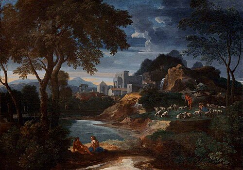 An Italianate River Landscape with a Villa and Shepherds Resting with Their Flock by a Pond, , Gaspard Dughet