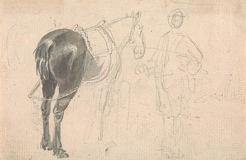 Farm horse being held by a stable lad, , Sawrey Gilpin