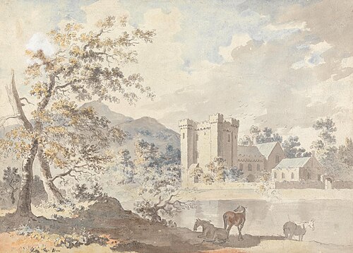 Castle below mountains with horses by a river, , Sawrey Gilpin