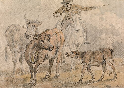 Man on a horse hearding two cows and a calf, , Sawrey Gilpin
