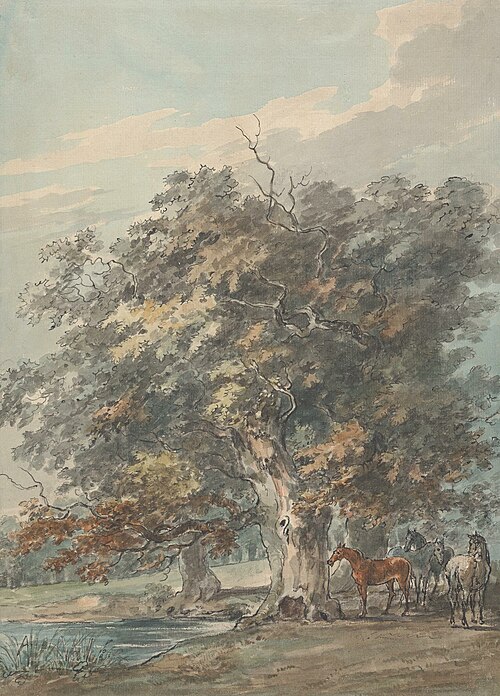 Four Horses Standing in a Group in the Shade of Large Trees by Water, , Sawrey Gilpin