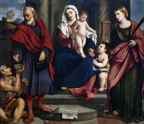 Vierge à l'enfant avec saint Jean-Baptiste, entre les saints Omobono et Barbara, 1533, Bonifazio Veronese