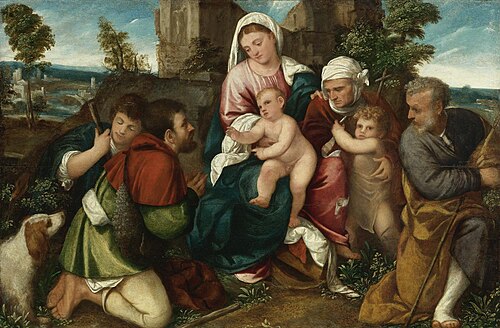 Holy Family with Elizabeth, the infant St. John and two shepherds, 1550, Bonifazio Veronese