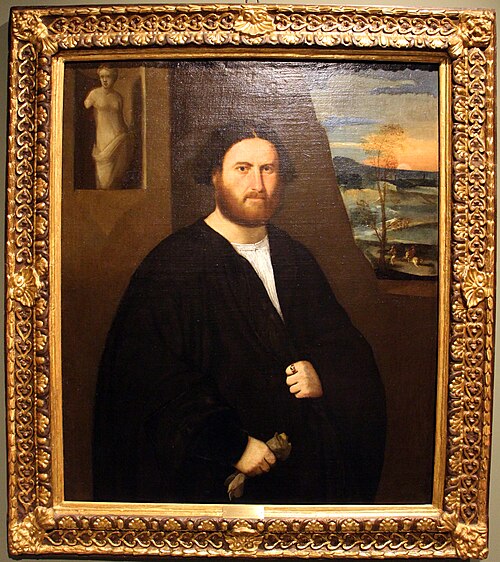 ritratto di gentiluomo in nero con guanto, statua e paesaggio, 1550, Bonifazio Veronese