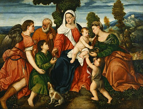 The Holy Family with Tobias and the Angel, Saint Dorothy, Giovannino, and the Miracle of the Corn be, 1500, Bonifazio Veronese