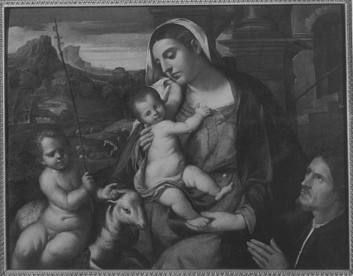 Maria mit dem Kinde, dem Johannesknaben und einem Stifter (Umkreis), 1520, Bonifazio Veronese