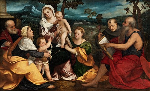 The Holy Family surrounded by Saints, 1530, Bonifazio Veronese