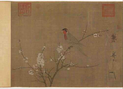 Five-colored parakeet on a blossoming apricot tree, 1110, Song Huizong