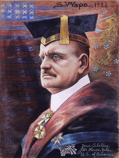 Jean Sibelius in the robes of an honorary doctor of Yale University 1914, 1921, Sigurd Wettenhovi-Aspa