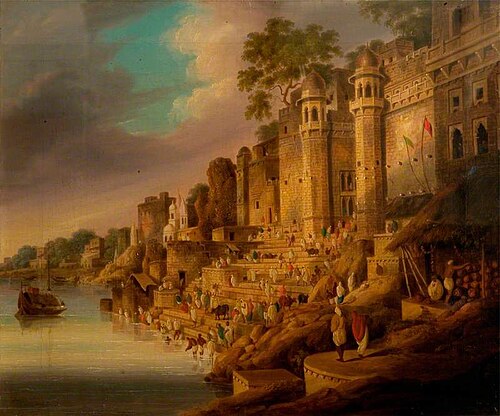Bathing Scene at a Ghat (probably the Lalita Ghat) on the Ganges at Benares (Varanasi), 1840, Charles D'Oyly