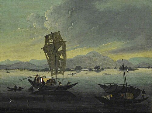Boats on the River Ganges with the Rajmahal Hills beyond, 1825, Charles D'Oyly