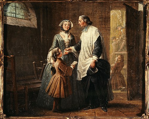 L'Abbé de Catéchisme recevant un enfant amené par sa sœur, 1750, Pierre-Louis Dumesnil