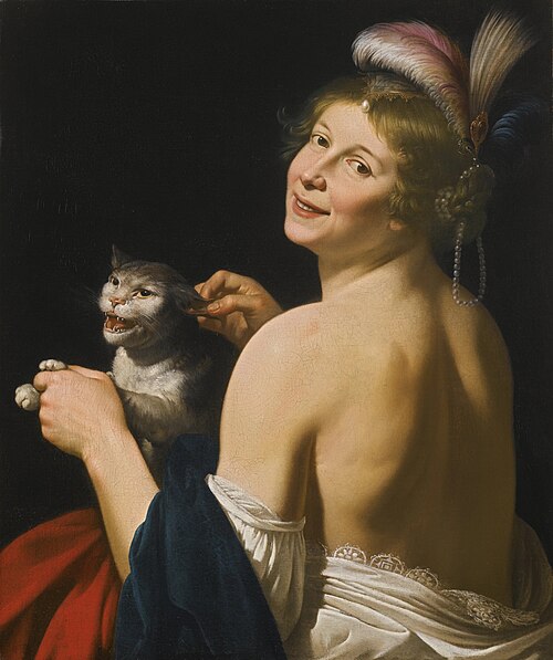 Young woman playing with a cat, 1630, Jan van Bijlert