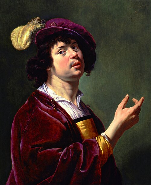 A young man, half-length in a burgundy jacket and a feathered cap, 1627, Jan van Bijlert
