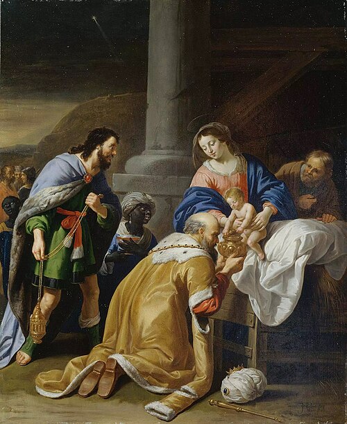 Adoration of the kings: the Wise Men present their gifts to the Christ-child, 1630, Jan van Bijlert