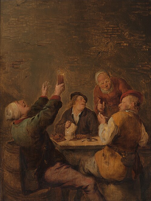 Merry company, three men at a table and a woman standing, 1646, Jan Miense Molenaer