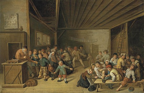 A schoolroom interior, with a teacher at a podium, and pupils merrymaking, 1636, Jan Miense Molenaer