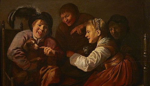 A Group of Children teasing a Dog with a Cat, 1627, Jan Miense Molenaer