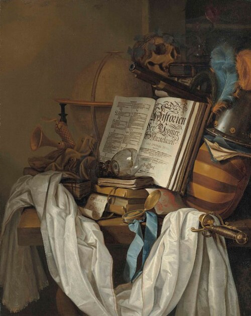 Still life with globe, instruments, books, broken roemer, skull and weapons, 1700, Vincent van der Vinne