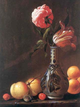 Vase with two flowers and fruits, 1650, Evert van Aelst