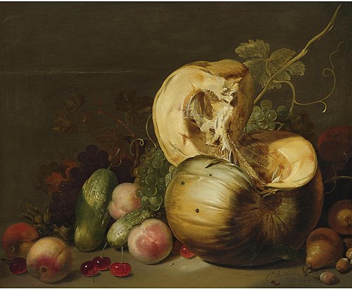 Still life with a pumpkin, peaches, grapes, cherries and other fruit, 1664, Hans Gillisz. Bollongier
