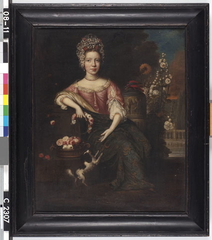Onbekende dame op een terras met bloemenkrans in de hand, 1750, Jan de Baen