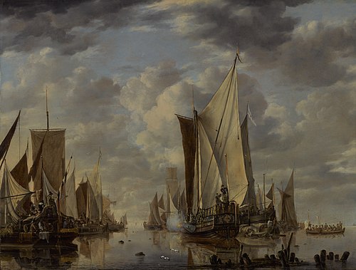 Shipping in a Calm at Flushing with a States General Yacht Firing a Salute, 1649, Jan van de Cappelle