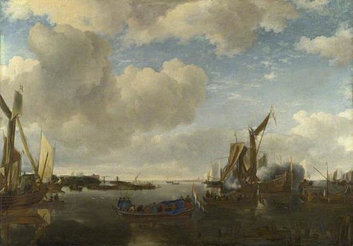A River Scene with a Dutch Yacht firing a Salute, 1665, Jan van de Cappelle