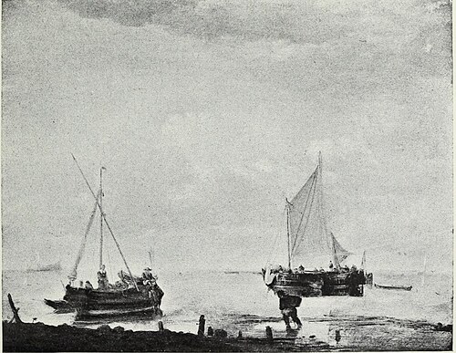 Fishing Boats with a Man wading towards the Beach, 1650, Jan van de Cappelle