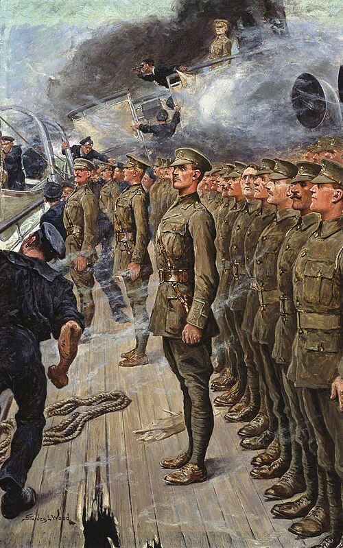 The Evacuation of the Troopship SS 'Tyndareus', Which Struck a Mine off Cape Agulhas, South Africa, , 1917, Stanley Llewelyn Wood