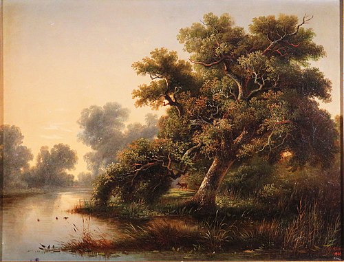 Hirsche und alte Eiche nahe der Wallwitzburg bei Dessau, 1836, August Becker