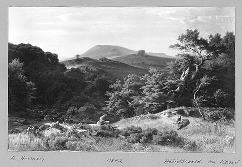Waldige Hügellandschaft mit erlegtem Hirsch im Vordergrund, 1872, August Bromeis