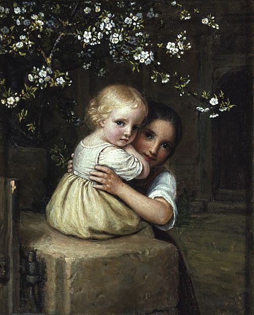 Girl holding a child under a blossoming apple tree, 1837, August von der Embde