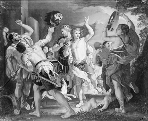 David med Goliats sværd på skulderen. Andre med hans hoved på en stage, 1715, Hendrick Krock