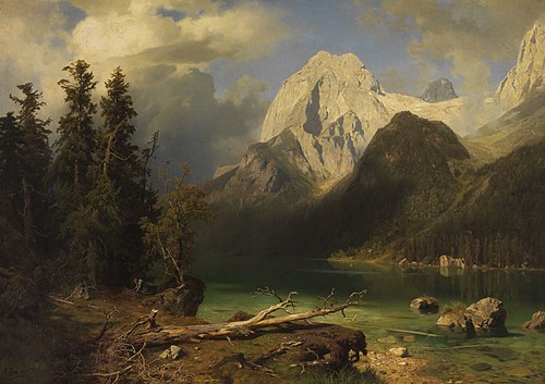 Mountain lake with a mountain range in the background, 1873, August Wilhelm Leu