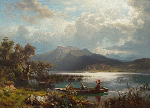 Shimmering mountain lake with girls in a boat, 1865, August Wilhelm Leu