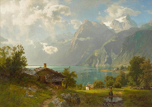 View at the Lake of Lucerne with washerwoman and child, 1875, August Wilhelm Leu