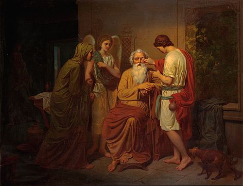 Tobias healing his blind father's eyes, , August Malmström