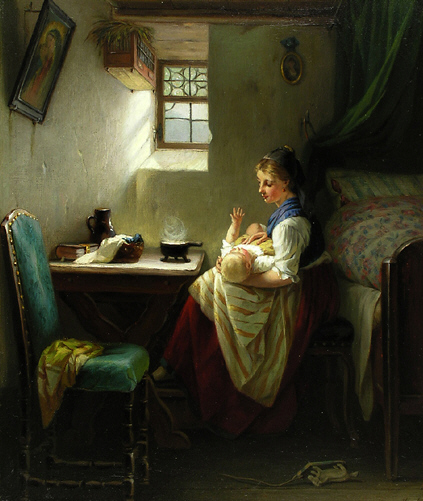 Interieur mit Mutter und Kind, 1850, August Müller