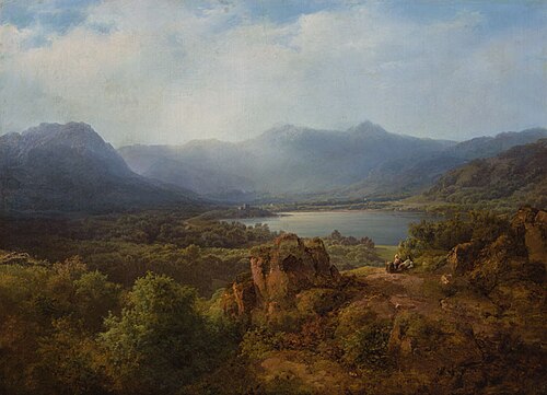Mountain Valley with a Lake and Resting Pilgrims, , August Piepenhagen