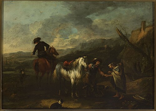 Horsemen and a beggar woman against landscape, , August Querfurt
