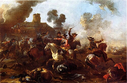 Cavalry battle between Imperial (red rock bandages) and Sweden (blue sashes), , August Querfurt