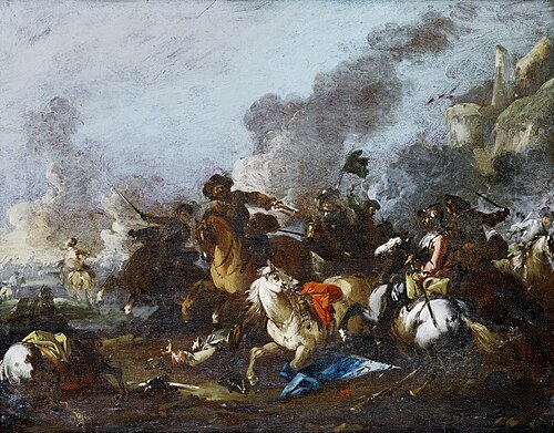 A cavalry skirmish, , August Querfurt