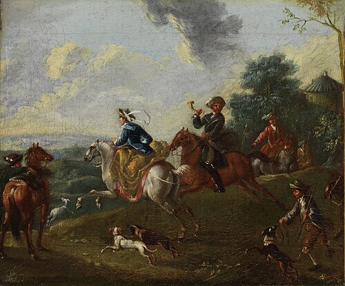 Jagdgesellschaft in hügeliger Landschaft, 1750, August Querfurt