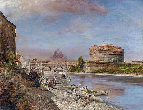 Am Ufer des Tiber in Rom. Blick auf die Engelsburg und die Kuppel des Vatikans., , Oswald Achenbach