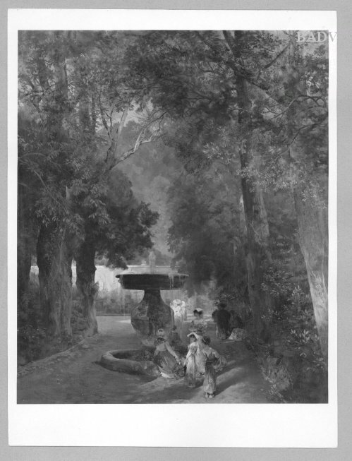 Landscape park with ladys by fountain, 1881, Oswald Achenbach