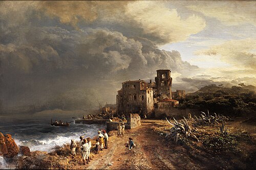 Verschattete Landschaft am Meer mit Figurenstaffage, , Oswald Achenbach