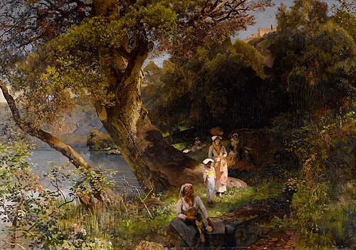 Foresta  paesaggio mediterraneo con figure., , Oswald Achenbach