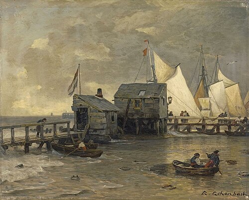 Bootssteg mit Segelbooten, 1891, Andreas Achenbach