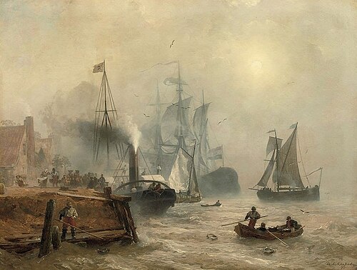 A moored steamer at a busy quay, Holland, 1890, Andreas Achenbach